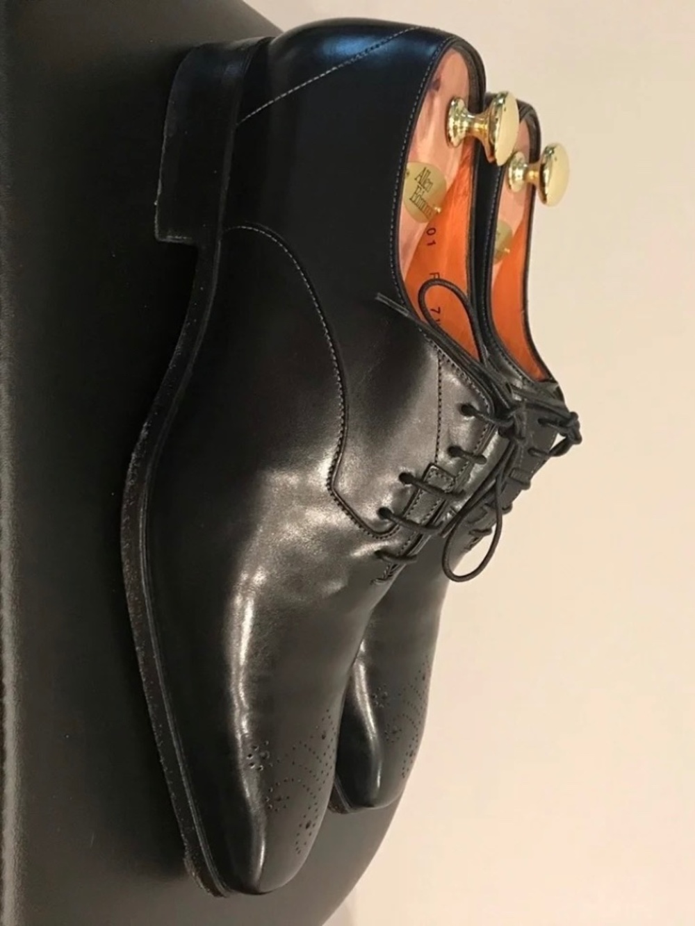 Santoni cap toe shoes in black, US. 8.5 with detail on cap (UK 7.5 )